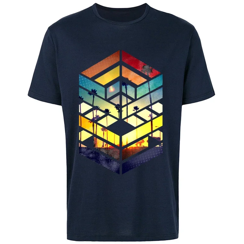 Fraa Shlpping Men's Good Quality Short Sleeve Tee Shirts Geometry Sunset Scenery Holiday T Shirts Leisure Brand Clothing Shirts