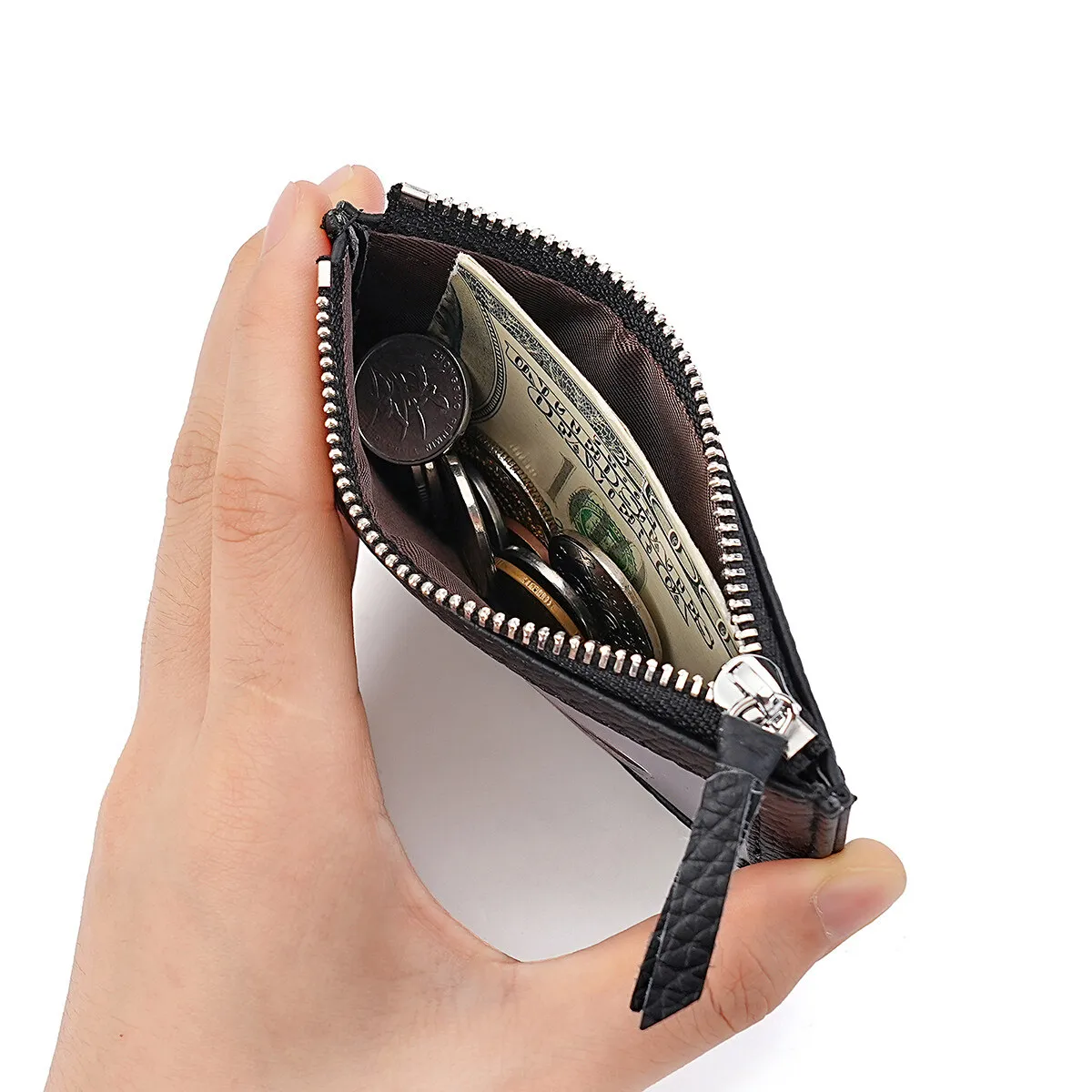 Women ID Card Cover Real Leather Easy Pull Buckle Cards Coins Zipper Pouches Multi Functional Wallet with Lanyard