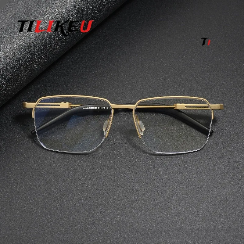 Pure Titanium Eyeglasses 14.5g Ultra-Light Fashion Large Frame Square Simple Half Rim Glasses Frame Men Luxury Designer Eyewear