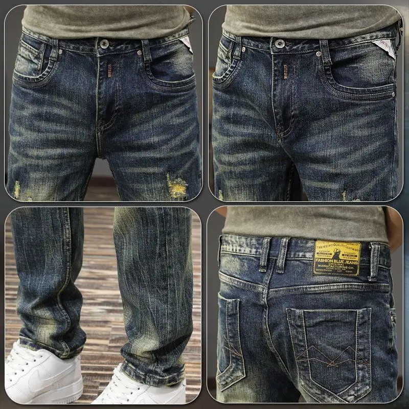 High-end Luxury Man Clothing Retro Old Washed Men's Jeans Trendy Brand Handsome Ripped Beggar Pants Spring Straight Trousers