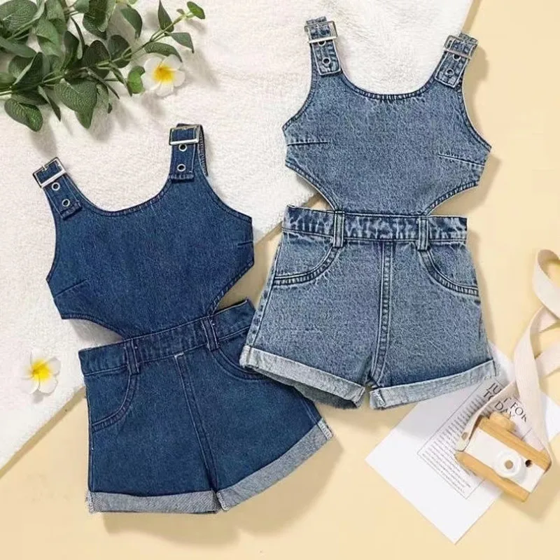 2024 Kids Girls Clothes Set Jumpsuits Summer Denim Short Triple Breasted Outfits Baby Clothing 4 5 6 7 Year