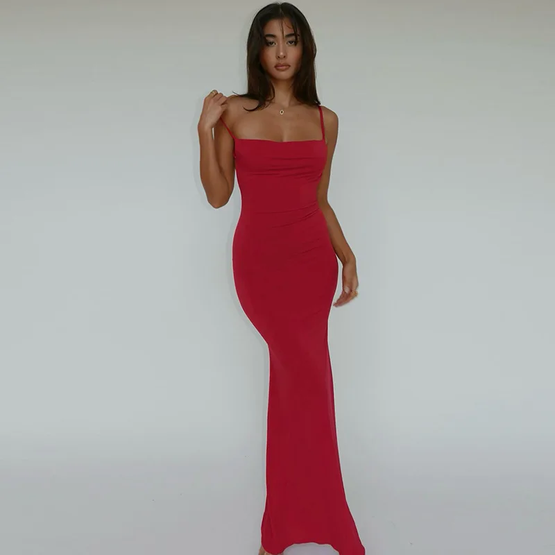2024 Spring Solid Sleeveless Backless Elegant Sexy Bodycon Y2K Maxi Prom Dress Women Clothes Birthday Party Casual Y2K