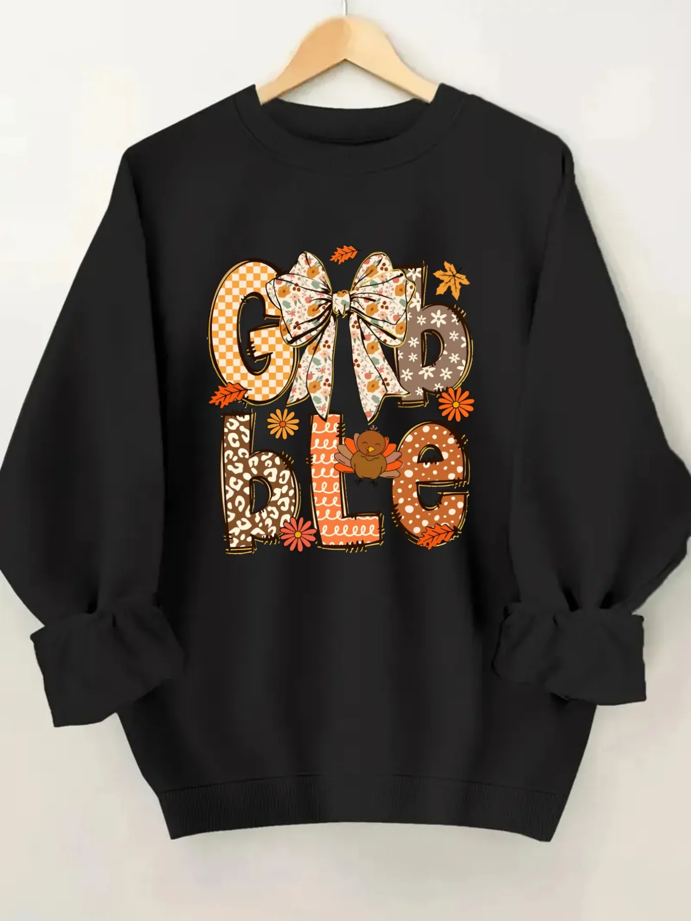 Women's Crew Neck Pullover Sweatshirt Gobble Pattern Print Design, Soft Casual Long Sleeve, Daily Casual Top Outfit, Winter Women's Clothing, Thanksgiving Outfit