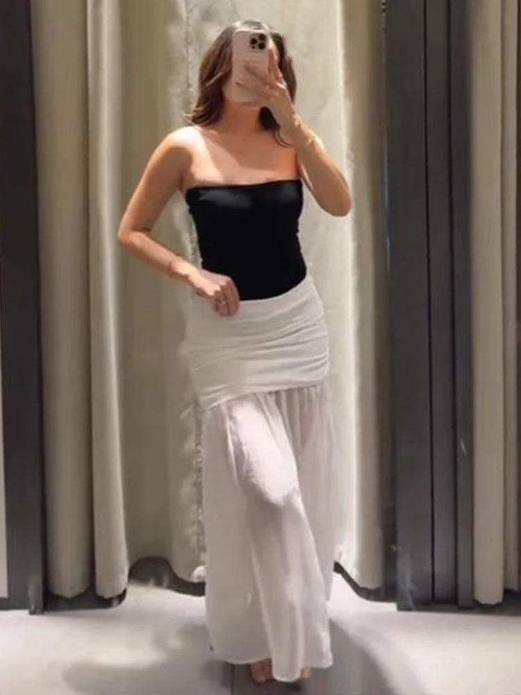 

HH Women Summer Solid Pleated Decorative Spliced ​​Midway Midi Skirt Female Elegant Simple Casual Zipper Slim A-line Skirt