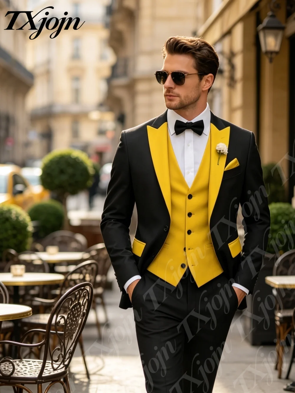 

Men's 3 Piece Black Yellow Tuxedo Slim Fit Peak Lapel Groom Wedding Suit Set 2026 Customized Jacket Vest Pants For Prom Party