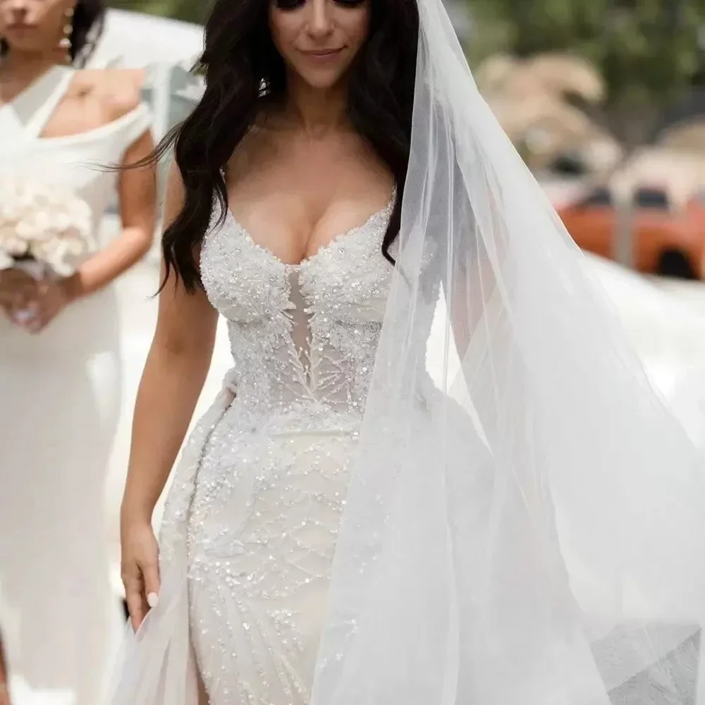 

Customized Sparkly Beading Lace Mermaid Wedding Dress Detachable Train Luxury Heavy Beaded V Neck Applique Bridal Gown Robe De M