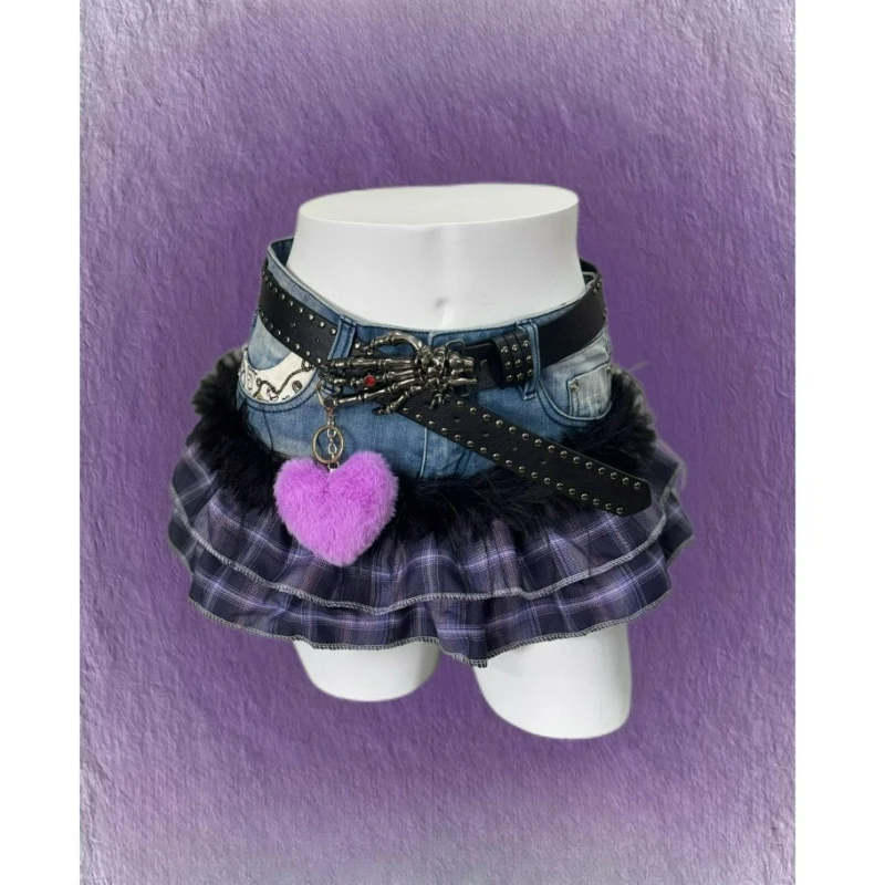 Harajuku Fashion Lolita Denim Skirt Women Vintage Sweet Purple Plaid Patchwork Uffles Mini Skirts Female Y2k Cute JK Short Skirt