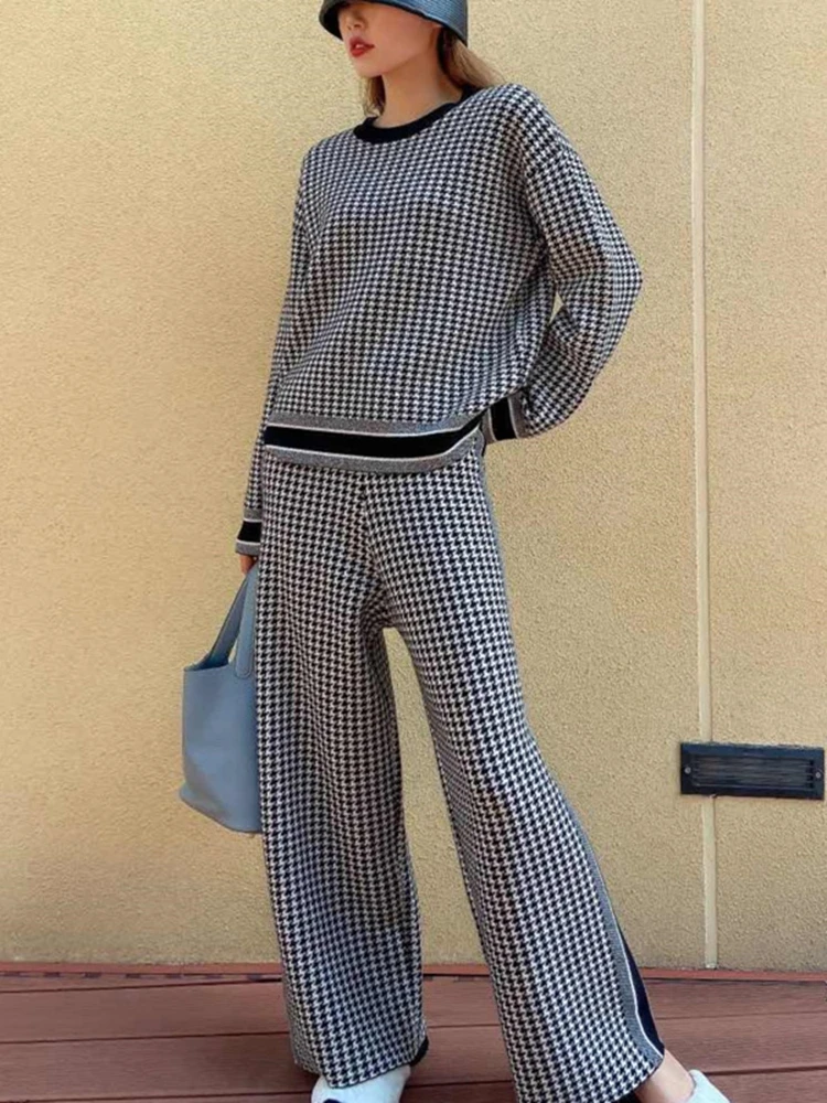 Luxury Designer Tracksuit Women 2 Piece Set Autumn Houndstooth Knitted Pullover Sweater + Pants Suits Casual Two Piece Sets