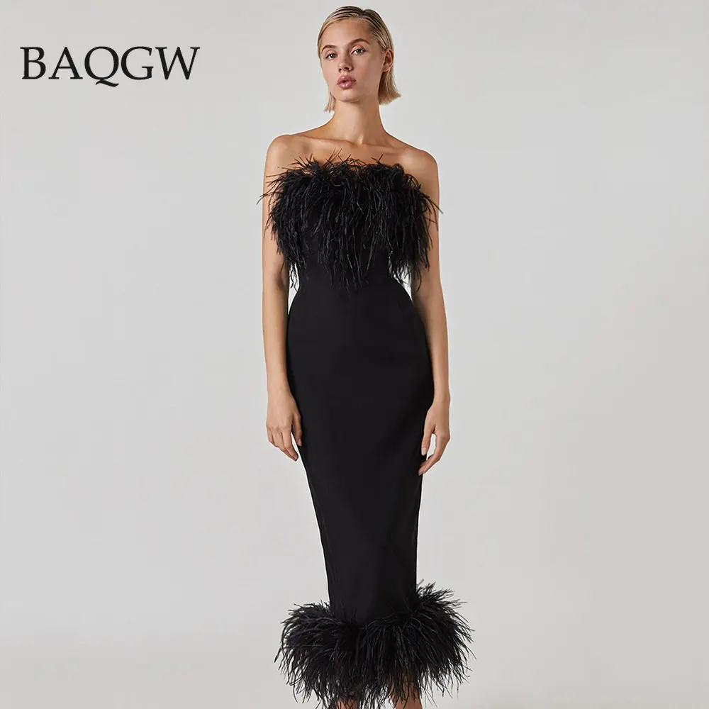 

Sexy Strapless Party Evening Elegant High Luxury Feather Patchwork Bodycon Black Bandage Ankle-Length Luxury Dresses for Women