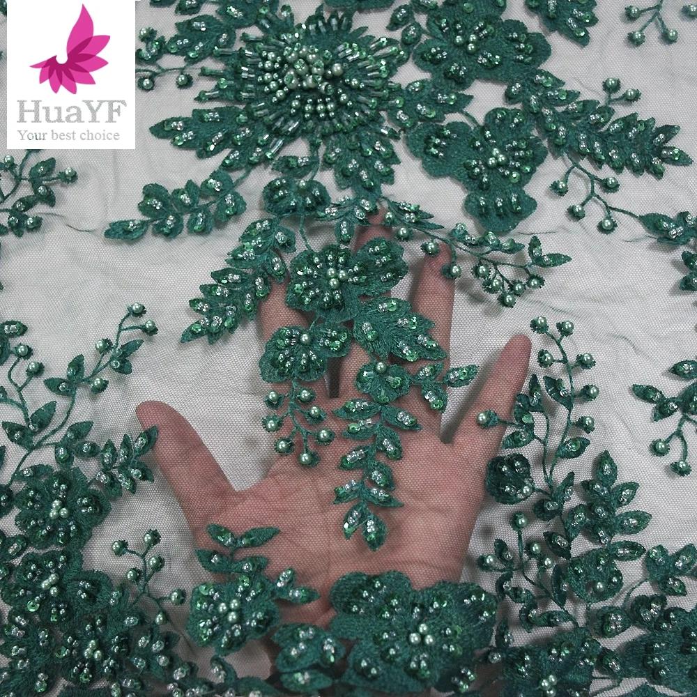 Exclusive Handwork Embroidery Heavy Green Beads Tulle Lace Net Pearls Fabric For Party Dress HY1127-1