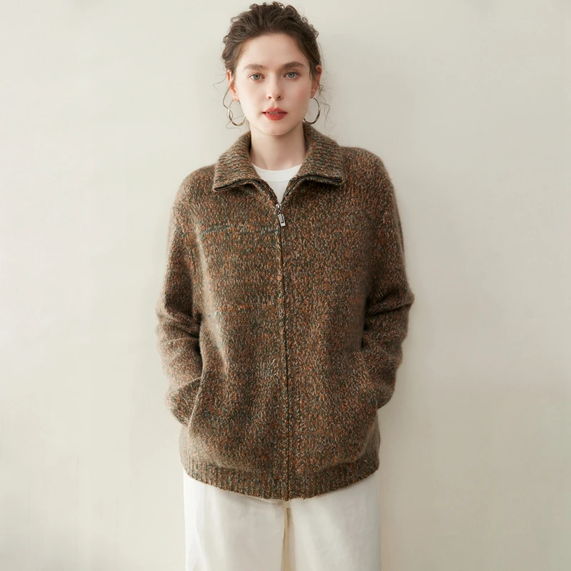 

Роскошный женский свитер из 100% кашемира, пальто, кардиган на молнии, цветная пряжа, осень-зима, тяжелый кашемировый трикотаж высокого качества