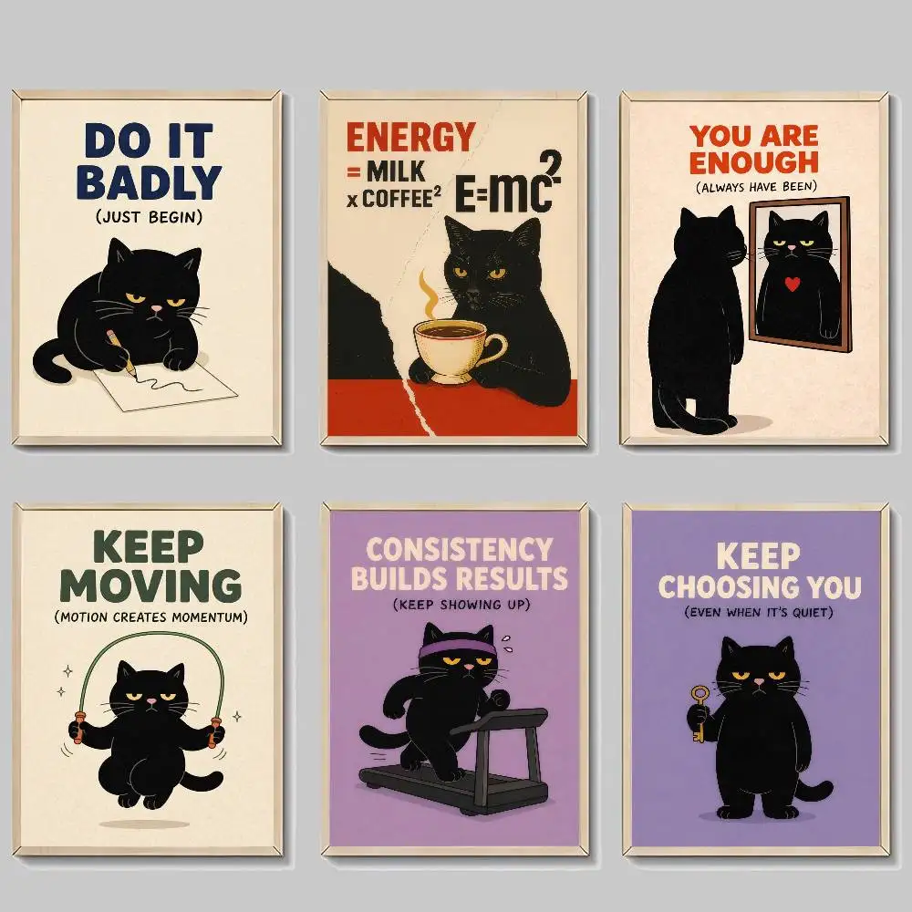 Inspirierende Zitate von einer Cartoon-Katze, Anime-Poster, selbstklebende Wandkunst in HD-Qualität, Retro-Poster für Zuhause, Kawaii-Raumdekoration