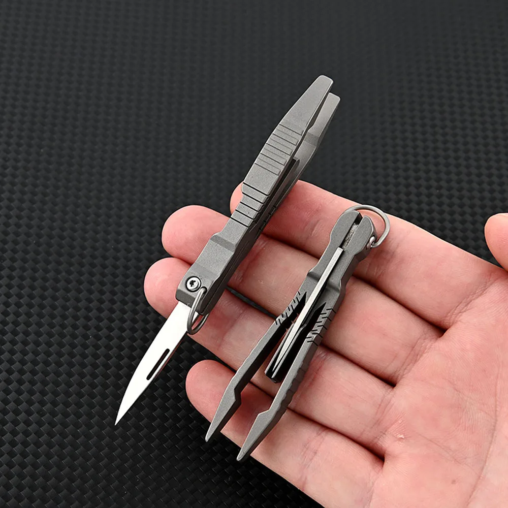 Titanium Folding Knife With Tweezers EDC Camping Survival Gadgets Portable outdoor Jackknife Mini Keychan Pocket Knife Cutter