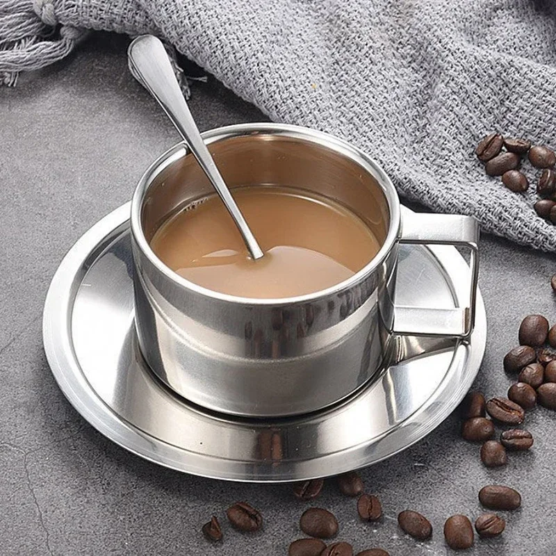 3pcs Stainless Steel Coffee Cup Set Double Walled Heat Resistant Mug with Saucer Spoon Drink Tableware Kitchen Cafe Accessories