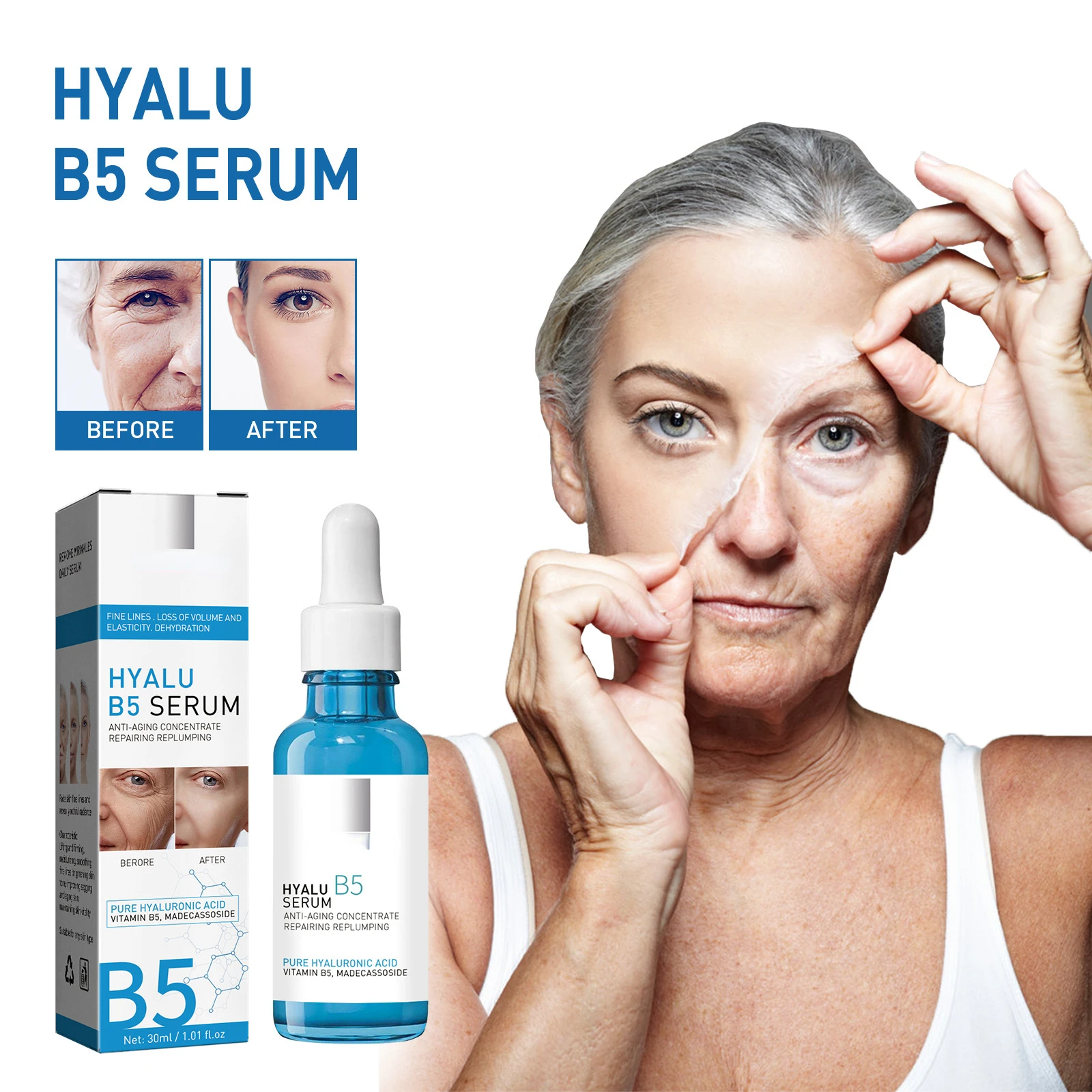 Hyaluronic Acid B5 Anti Wrinkle Face Serum Anti Aging Lift Firm Fine Lines Remover Lightening Dark Circle Skin Brighten Essence