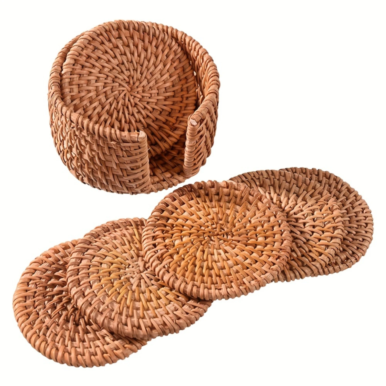 

6pcs Natural Rattan Coasters + Holder, Braided Cup Coasters, Drink Coaster, Cup Mat, Decor, Kitchen Gadgets