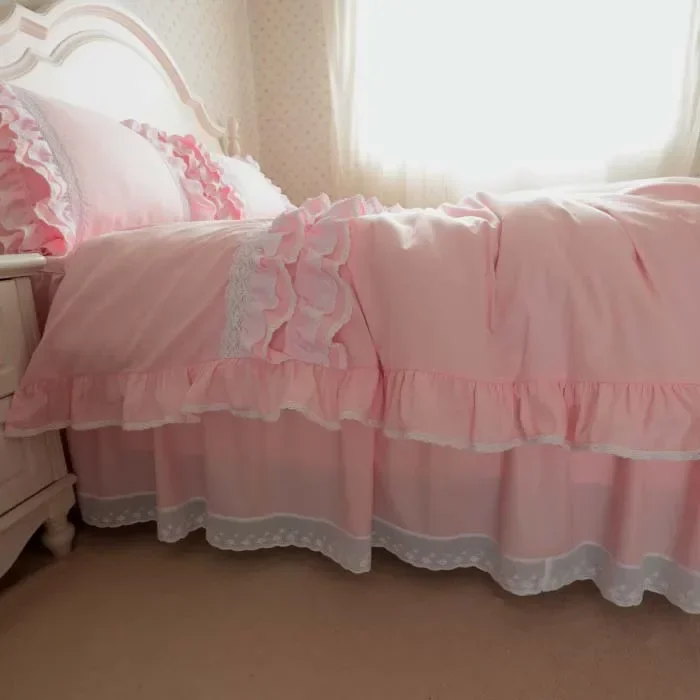 Amazing luxury bedding set queen size embroidery pink ruffle lace duvet cover bed sheet bedskirt princess bed linen pillow case