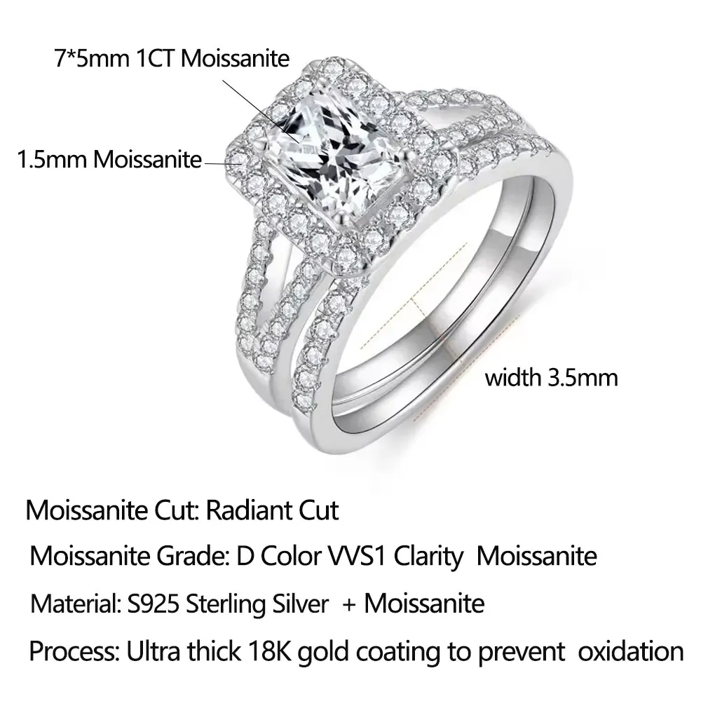 Pretty Beauty 925 Sterling Silver Moissanite Engagement Rings for Women Radiant Cut Split Shank Stackable Wedding Band Jewelry