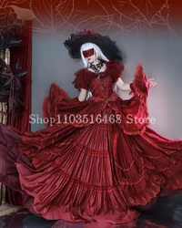 Vintage Burgundy Fluffy Victorian Prom Dress Halloween Both Corset Tie Appliqué Lace Ruffles Masquerade فساتين سهرة