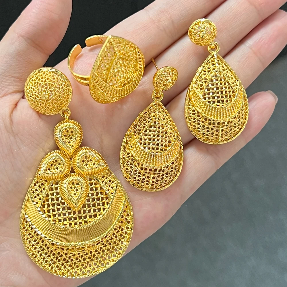

Dubai 24K Gold Color Geometry Necklace Earrings Ring Set Elegant Jewelry For Women Two Piece Jewelry Wholesale free shipping