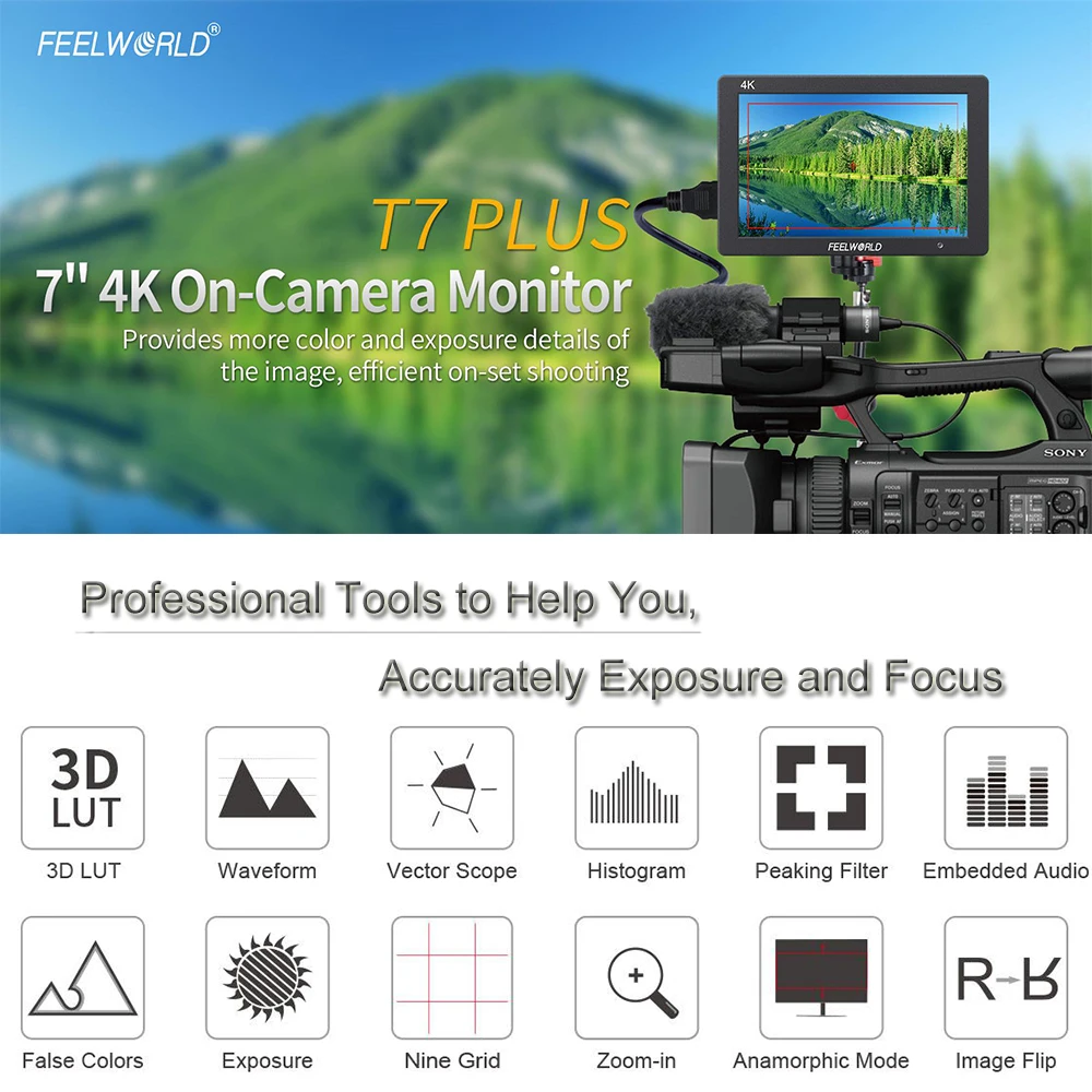 FEELWORLD Field Monitor T7 PLUS 7Inch 3D LUT IPS 1920x1200 On-camera Field Housing 4K HDMI Input/ Output For Video Shooting