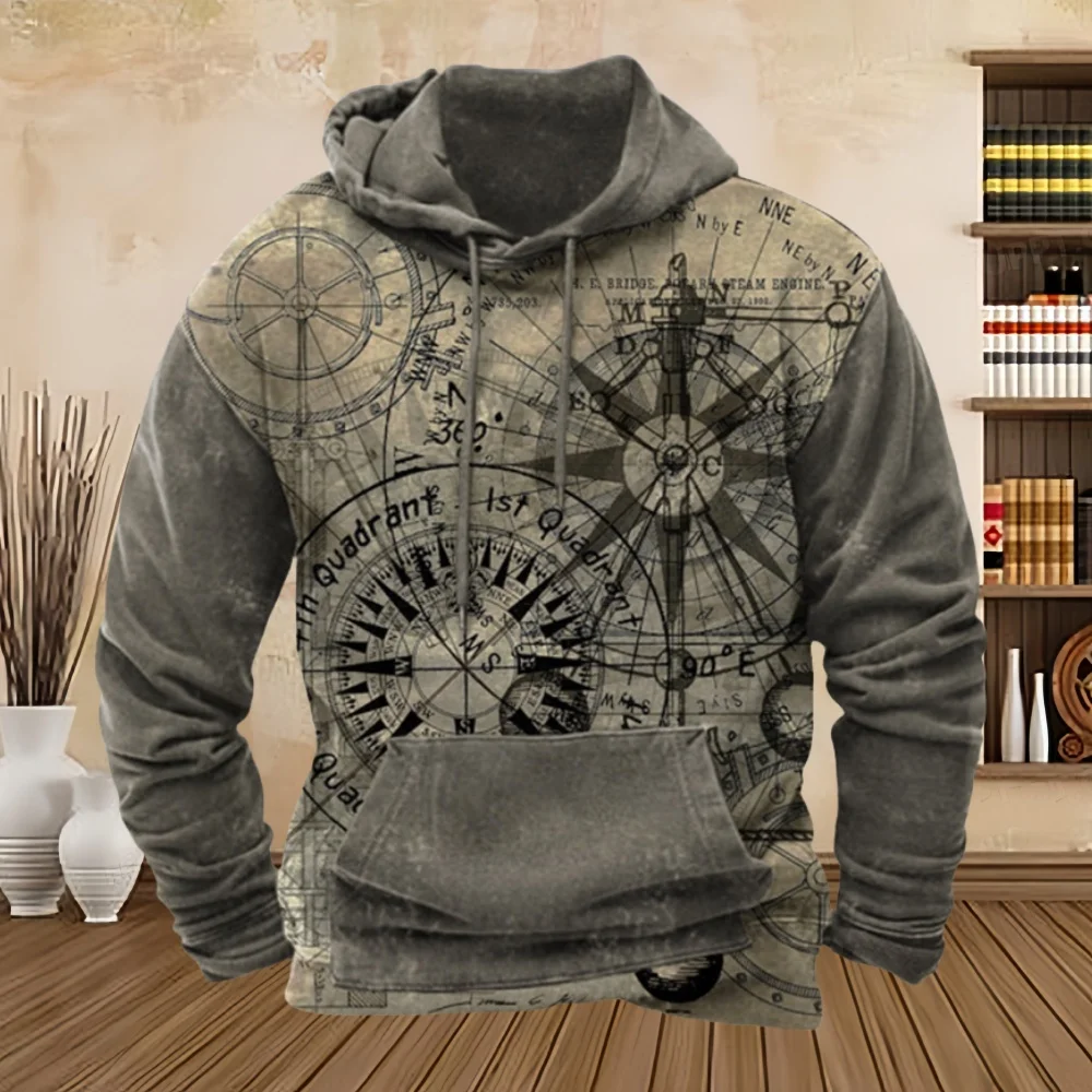 Vintage Compass Graphic Hoodies for Men Long Sleeve Pullover Sweatshirt Tops Full Print Vintage Hoodie Streetwear Men's Clothing