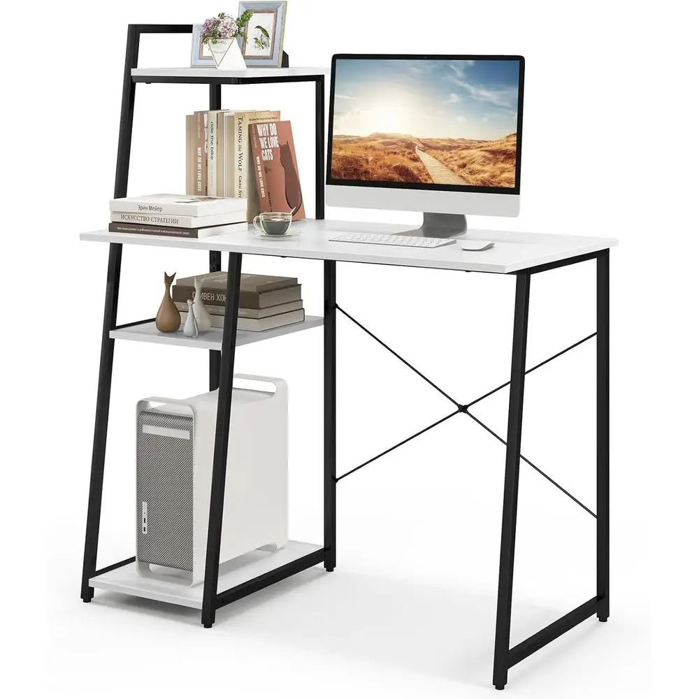 

4-уровневый письменный стол для дома и офиса с прочной X-образной рамой и регулируемыми ножками, современный учебный стол с широкой столешницей, белый