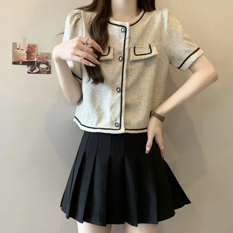 

Women's Summer Round Neck Short Sleeve Patchwork Button Cardigan Pockets Solid Coats Casual Elegant Office Lady Fashion Tops