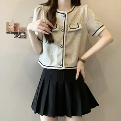 Women's Summer Round Neck Short Sleeve Patchwork Button Cardigan Pockets Solid Coats Casual Elegant Office Lady Fashion Tops
