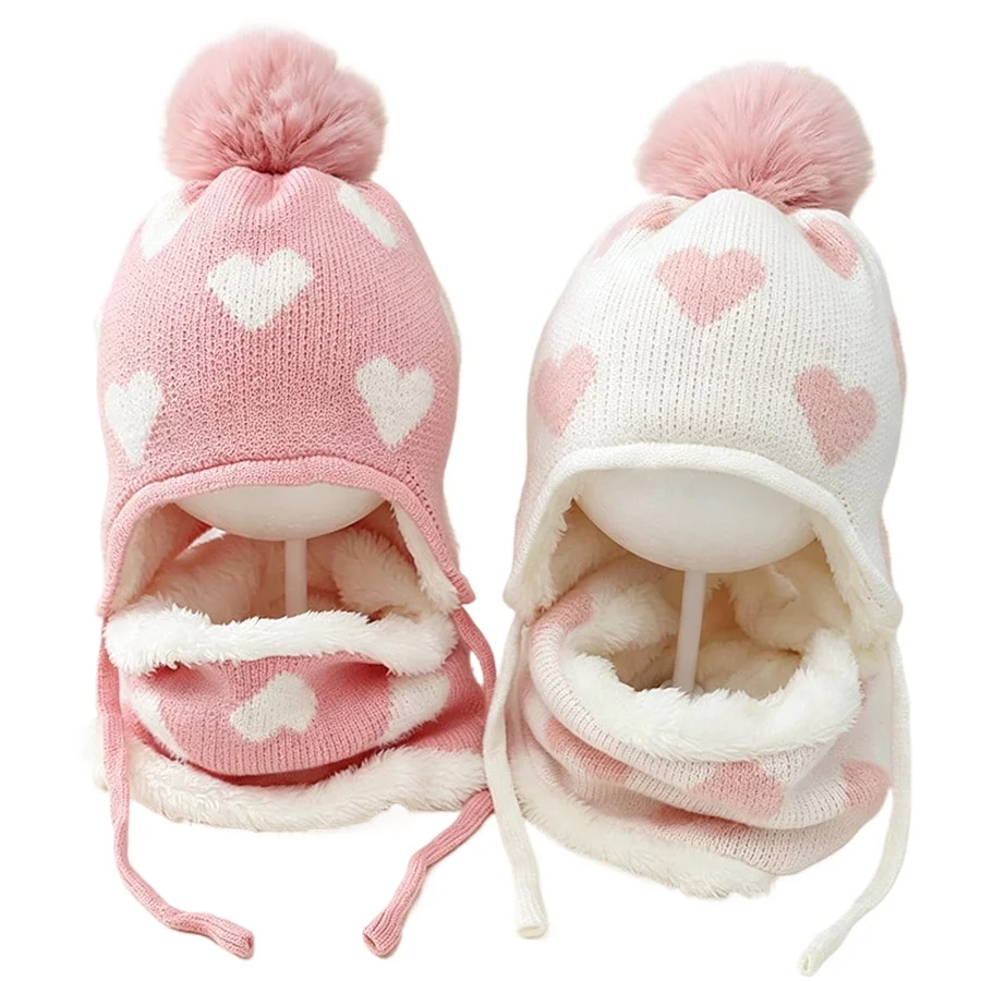 2pcs Kids Winter Knitted Beanie Scarf Set Heart Pattern Pom Pom Fleece Lined Earflap Ties Warm Thermal Windproof Outdoor
