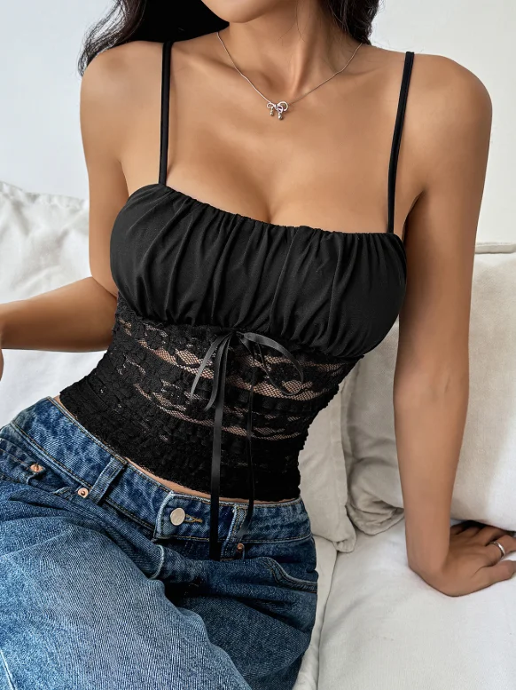 

Y2K Tops Summer Slim Fit Sexy Hot Girl Solid Color Lace Patchwork Vest Top Women's Sexy Backless U-Neck Slim Fit Suspender Top