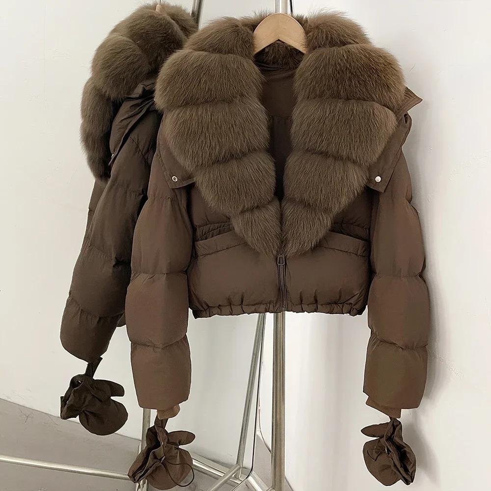 OFTBUY Neue Kurze Oberbekleidung Kapuze Entendaunen Luxus Echtfell Daunenjacke mit Abnehmbaren Handschuhen Damen Puffermantel mit Echtem Fuchsfell – Detail 33