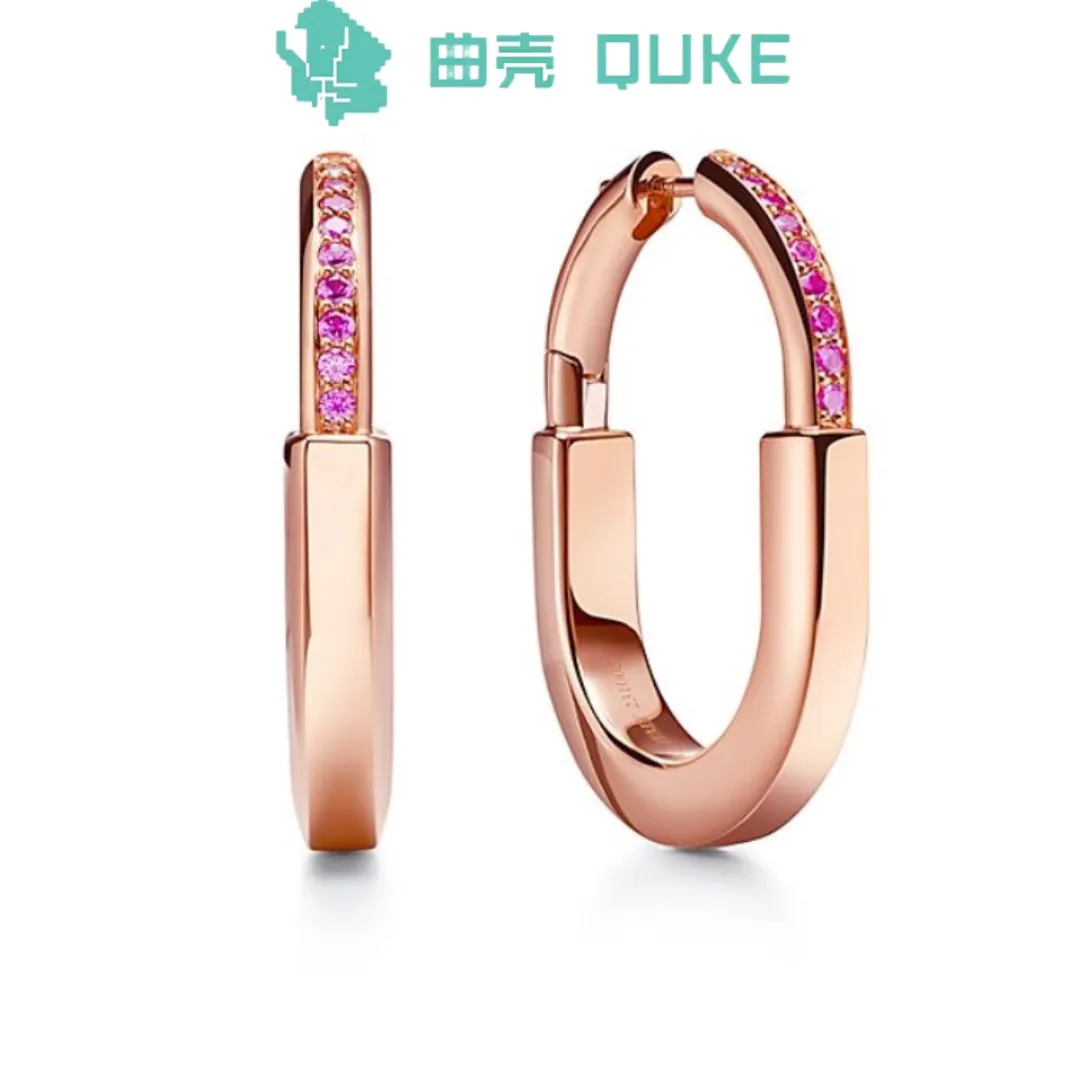 Free ShippingHigh quality 1:1s925 sterling silver 18k rose gold powder U-shaped lock with diamond earrings for women