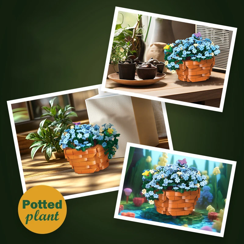 Modelo de planta en maceta de flores azules, bloques de construcción MOC JJ9131, decoración del hogar, cesta de flores, ladrillos, Ideas creativas, juguete para regalo para niños y adultos