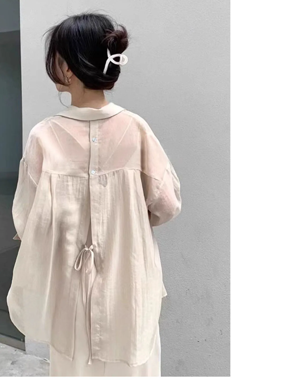 Summer Blouse For Women Vintage Shirts Long Sleeve Bandage Loose Cardigan Korean Fashion Solid Color Daily Ladies Clothes Top