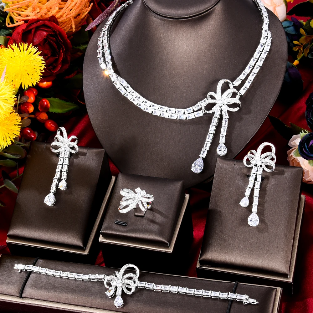 GODKI New Trendy Bowknots Indian Jewelry Sets For Women Wedding Party Zircon CZ African Dubai Bridal Jewelry Set Dance Party