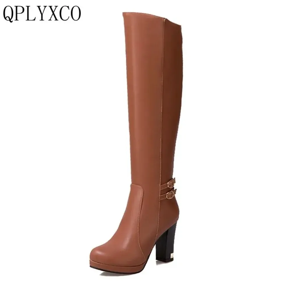 QPLYXCO  Women\'s Knee High Boots Big Size 34-43 Winter Style Warm Block High Heels Inner Zipper  Party Dress Platform Boots 3332