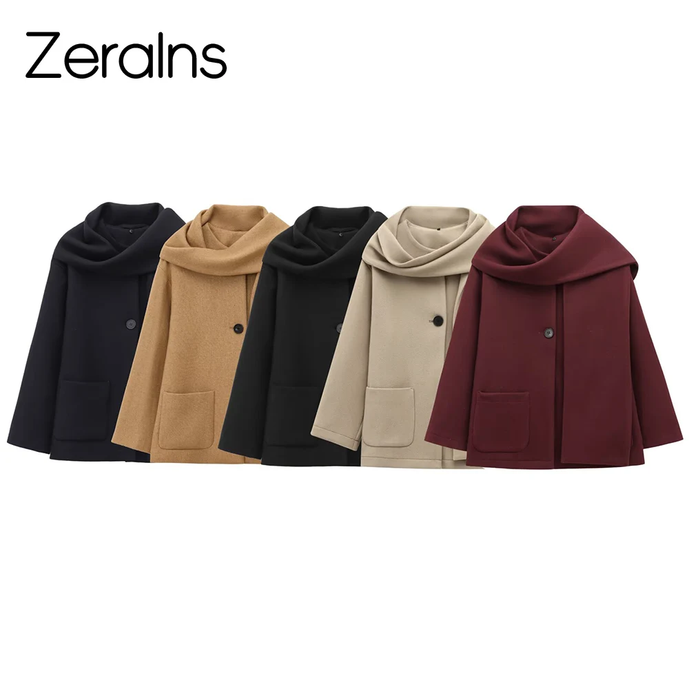 

ZERAINS 2025 Autumn/Winter New Product Women's Wear High Grade Wool Blended Scarf Round Neck Long Sleeve Coat Coat