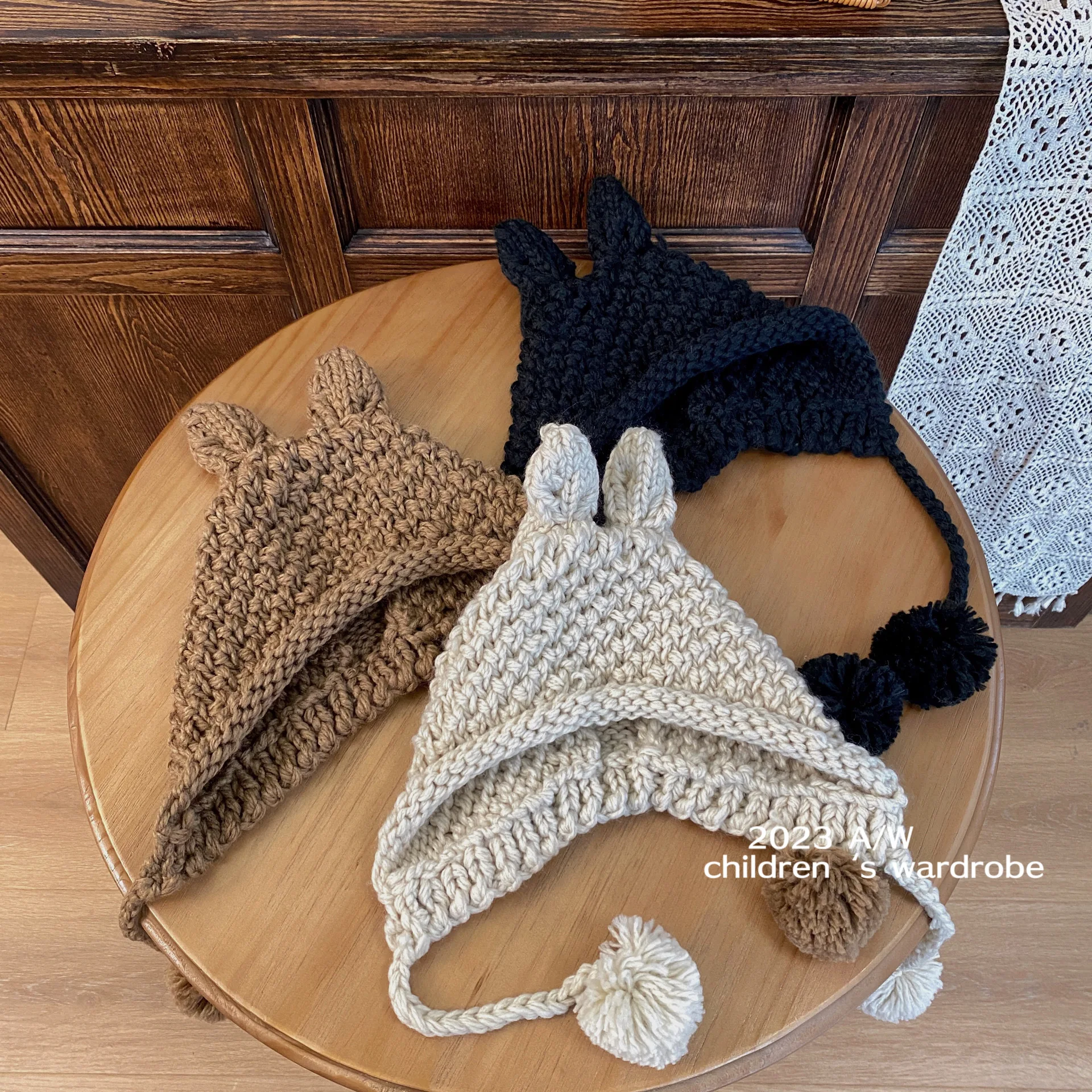 

Korean Children Clothing 2025 New Knitted Hat Hand Woven Pointed Ear Baby Concave Shaped Yarn Ear Protection Hat