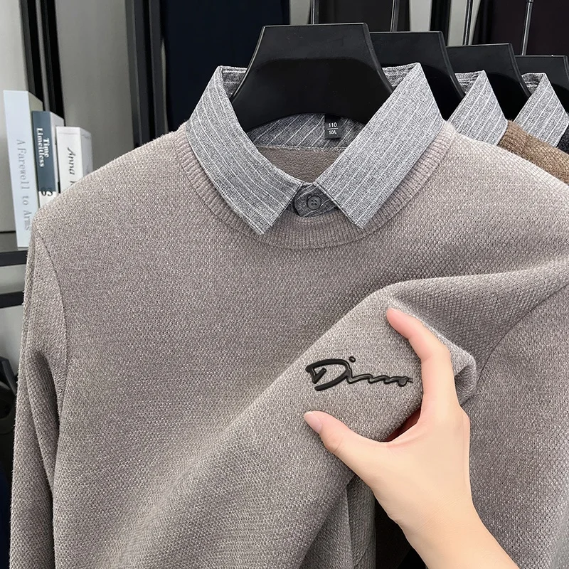 

Hot Sales High Quality Men's Lapel Fake Two-Piece Knitwear Winter New Letter Print Velvet Warm Long Sleeve Top Handsome Menswear