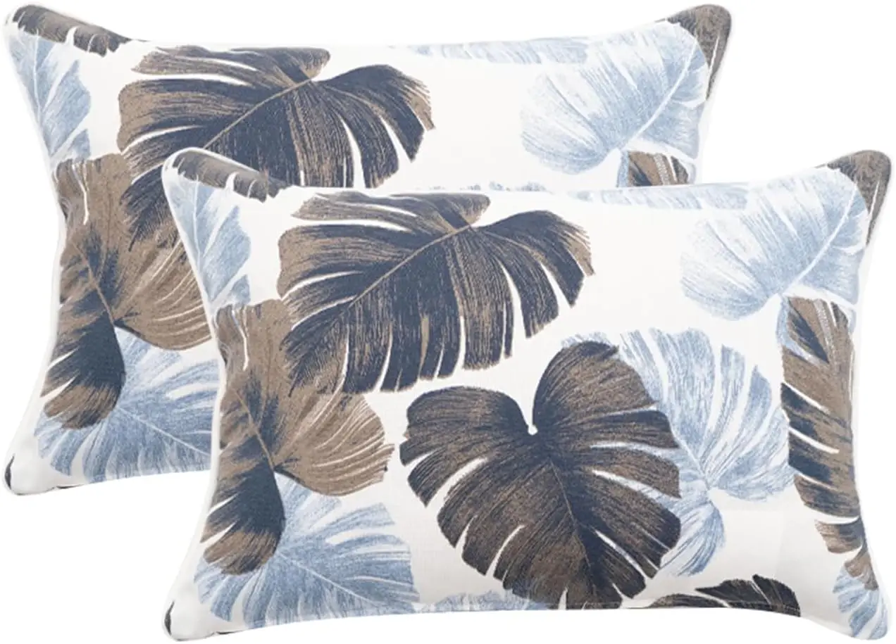 

2 Pack Outdoor Throw Pillows 21x15 Inch, Water Resistant Blue Leaves Decorative Cushions with Insert for Patio Garden Porch