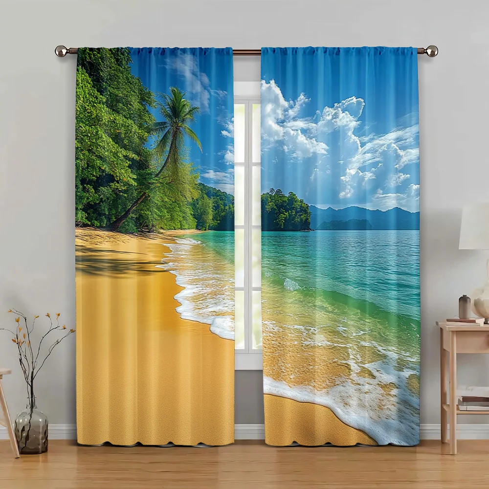 

2pc, Window Drapes Hawaii Beach Versatile Durable Polyester,Without Electricity Festive Backdrops Perfect for Indoor