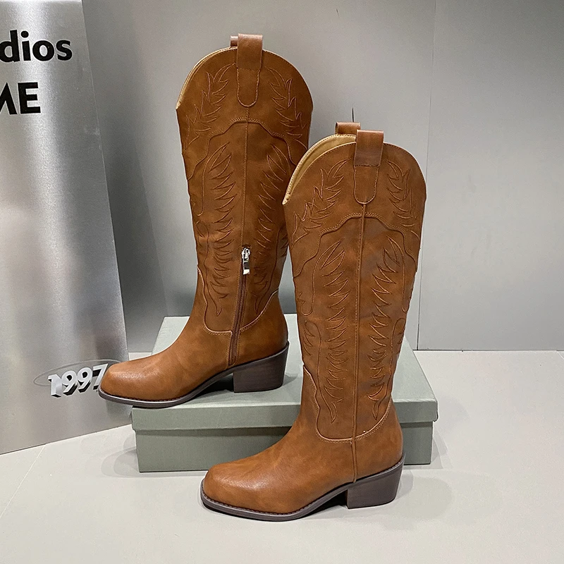 Buty damskie nowe hafty boczny zamek błyskawiczny zachodnie kowbojskie buty damskie brązowe Retro gruby obcas długie buty Botas Mujer 2023