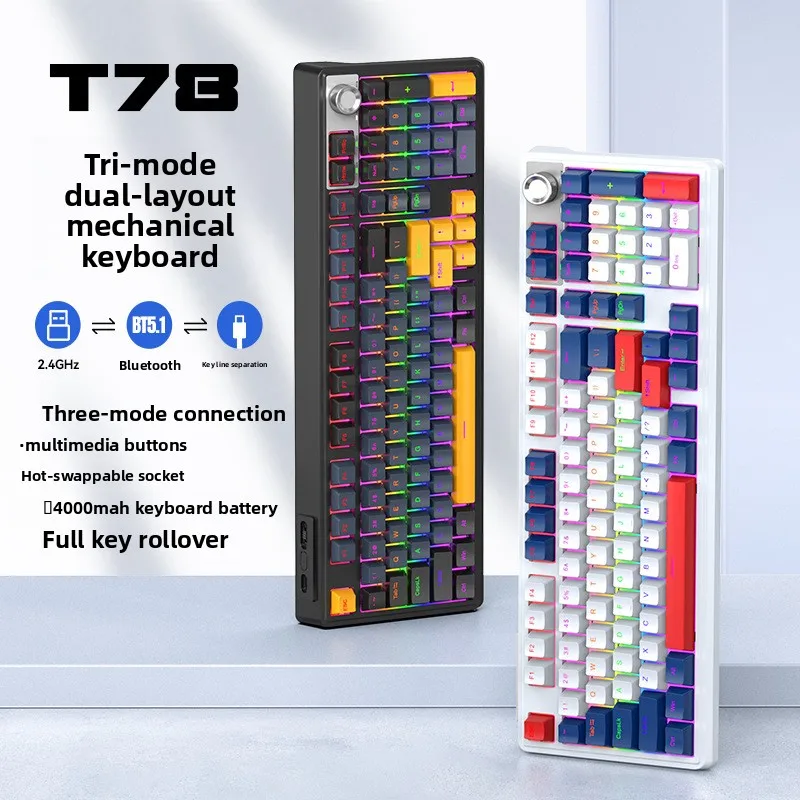 T-WOLF T78 Wireless Mechanical Keyboard, Tri-Mode Bluetooth 5.0/2.4G/USB-C Hot Swappable Red Switch RGB Backlit Gaming Keyboard