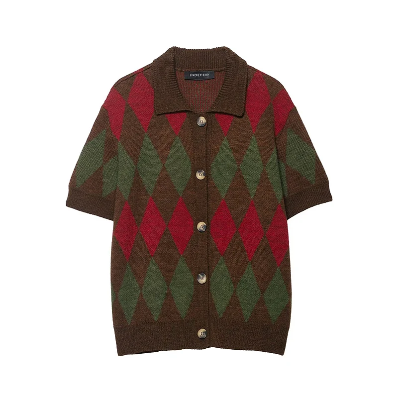 

2025 Women Fashion Argyle Knitted Cardigans Short Sleeve Button Lapel Sweater Cardigan Autumn Winter New Outerwear ﻿