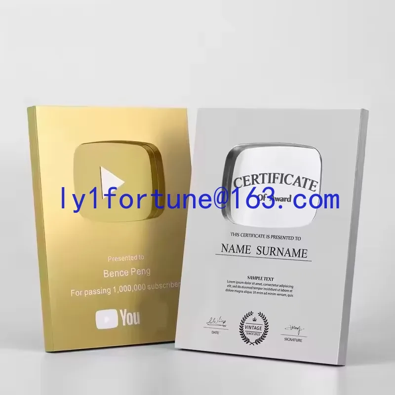 2026 Hot Selling Trophies Medals Plaques Coolest Gifts with Play Buttons Silver and Gold Plaques Wholesale