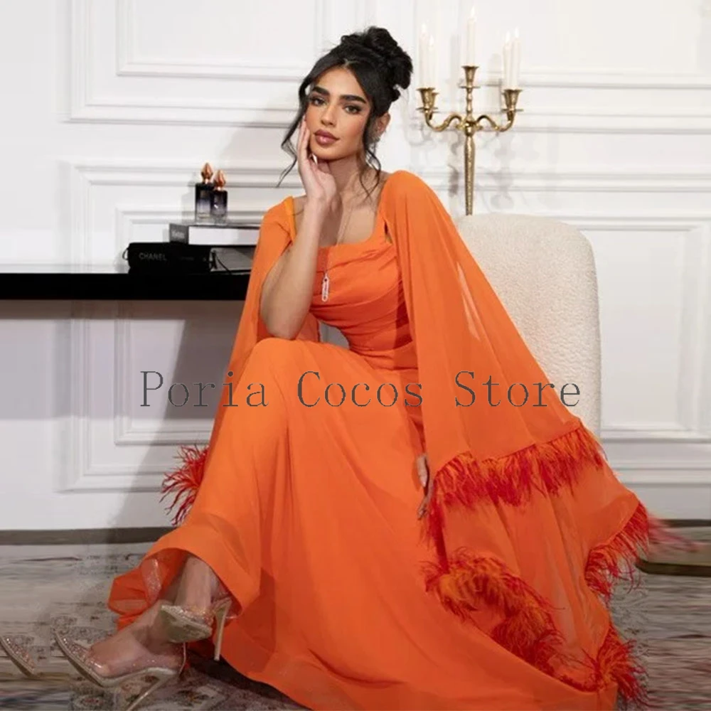 Robe de bal en mousseline de soie de haute qualité, col carré, robe de soirée trapèze, manches d'horloge, robes de soirée formelles avec plumes, robe saoudienne