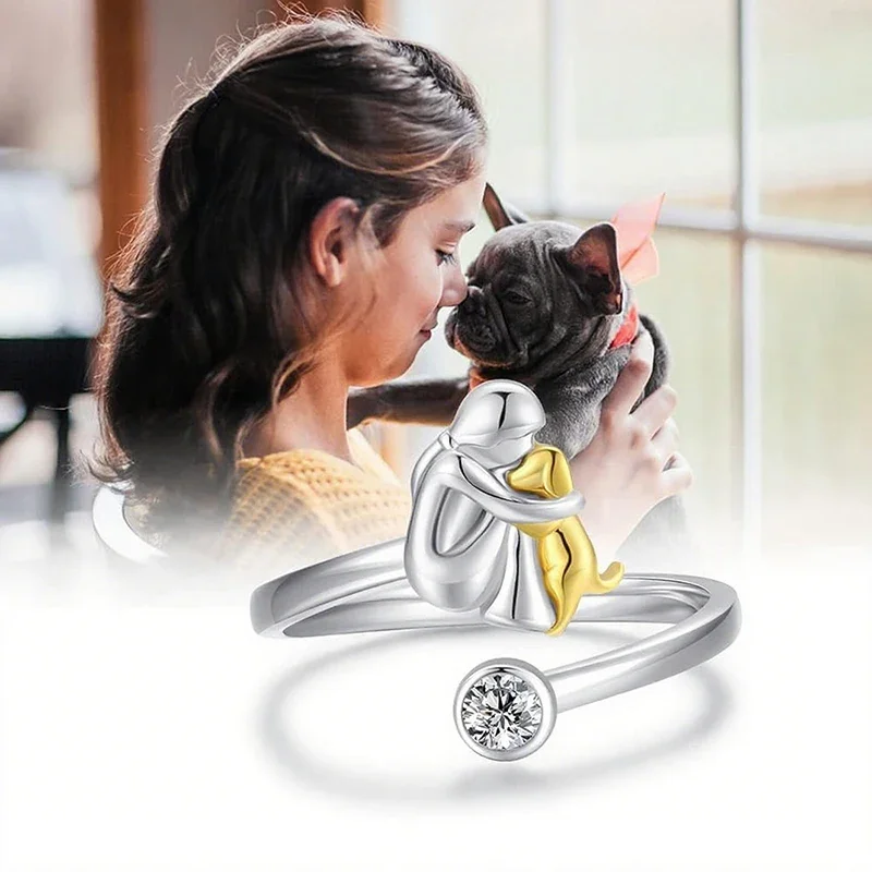 Fashion Two Tone Color Dog Mom Ring Crystal Little Girl Puppy Wrap Rings For Women Animal Pet Jewelry