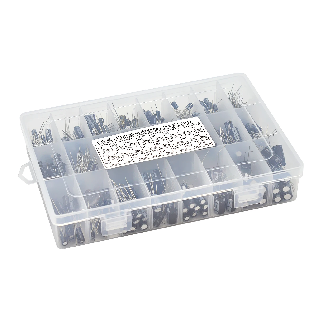 500Pcs/lot 0.1UF-1000UF 24Values Aluminum 16-50V Mix Electrolytic Capacitor Assorted Kit And Storage Box