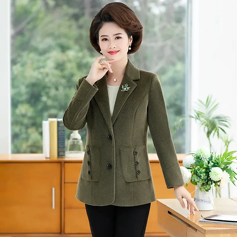 Middle Aged Mother\'s Woolen Coat Spring Fall Casual Suit Collar Wool Jacket Fashion Faux Double-sided Blend Wool Blazer Overcoat